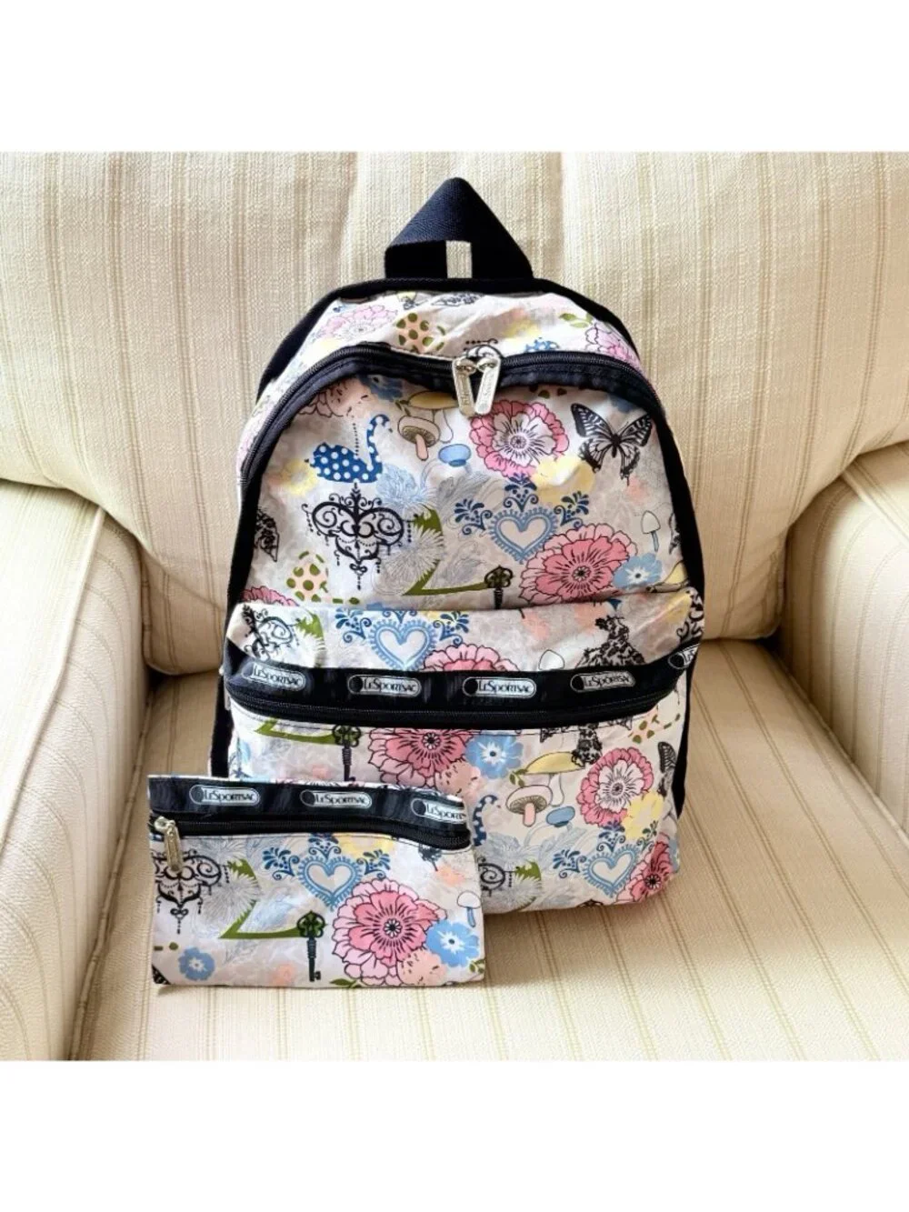 LeSportsac Backpack w/ Zip Pouch Floral Butterfly Heart Bird Design
